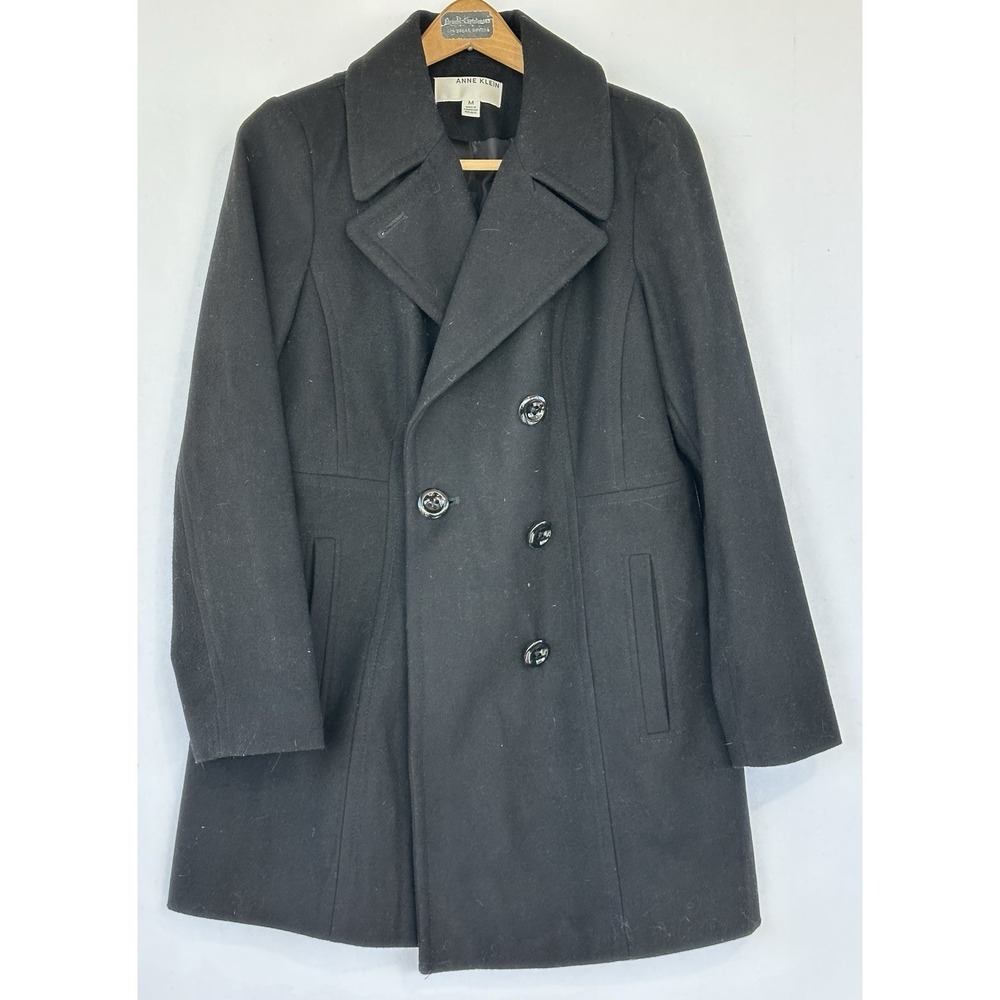 Anne Klein Wool Pea Coat Lined Black Sz M Women's Classic Preppy Pockets